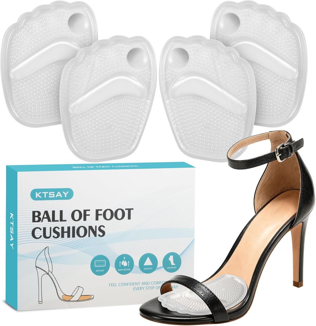 KTSAY Metatarsal Pads Women, Gel Ball of Foot Cushions for Pain Relief in Shoes, Non-Slip Heel Inserts, One Size Fits All (1 Pair, Clear)