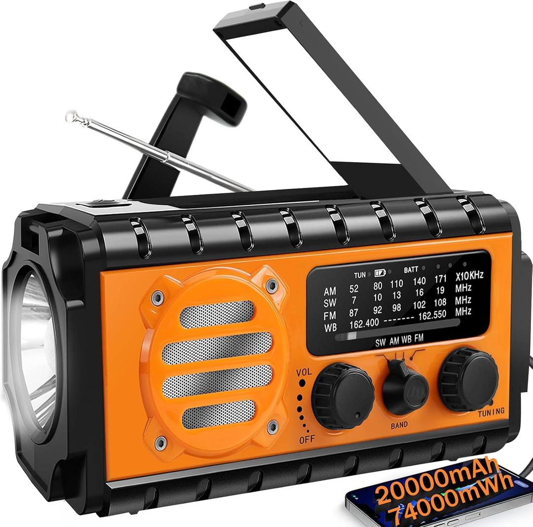 20000mah Hand Crank Emergency Radio, SW/NOAA/AM/FM Weather Radio, Solar Powered Hand Crank Chager with Big Battery Powered, Portable, Cellphone Charge, SOS, Flashlight for Emergency/Home (Orange)