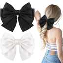 2PCS Big Satin Layered Hair Bows for Women Girls 7 Inch Black White Barrette Hair Clip Large Silk Ribbon Bows French Style Hair Accessories (Black+White)