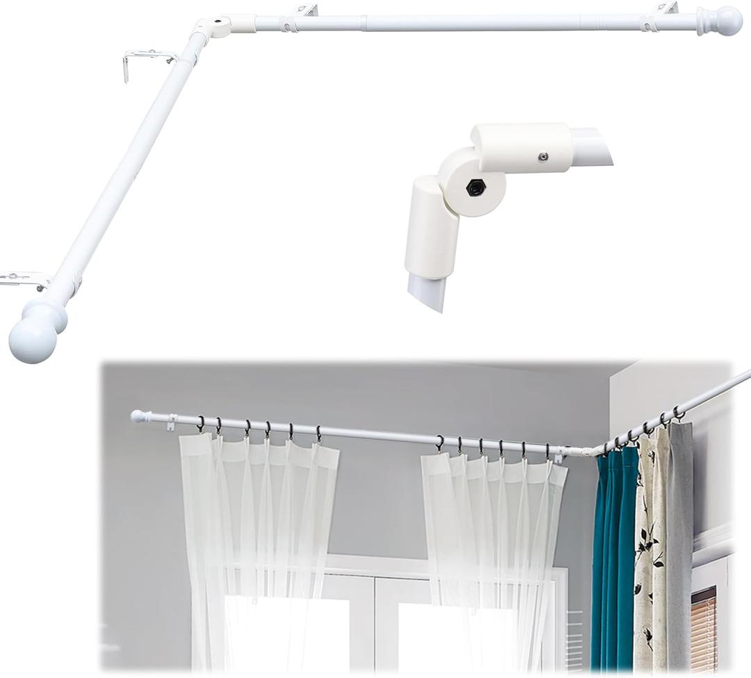 White Steel Corner Curtain Rod, 30-136 Inch, Adjustable, Wall Mounted, Glossy Smooth Finish