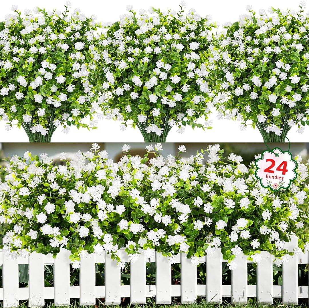 Ouddy Decor 24 Bundles Artificial Flowers for Outdoors Decoration Fake Flowers UV Resistant Faux Plastic Greenery Eucalyptus Plants for Spring Summer Garden Patio Indoor Outdoor Home Decor, White