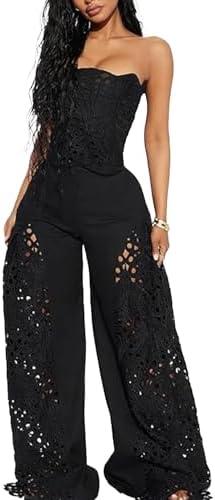 Mandonce Sexy Outfit Going Out Off Shoulder Lace Tube Top and Lace Flowy Wide Leg Pants Beach Vacation 2 Piece Sets for Women Black, XXL Mandonce Sexy Outfit Going Out Off Shoulder Lace Tube Top and Lace Flowy Wide Leg Pants Beach Vacation 2 Piece Sets for Women Black, XXL