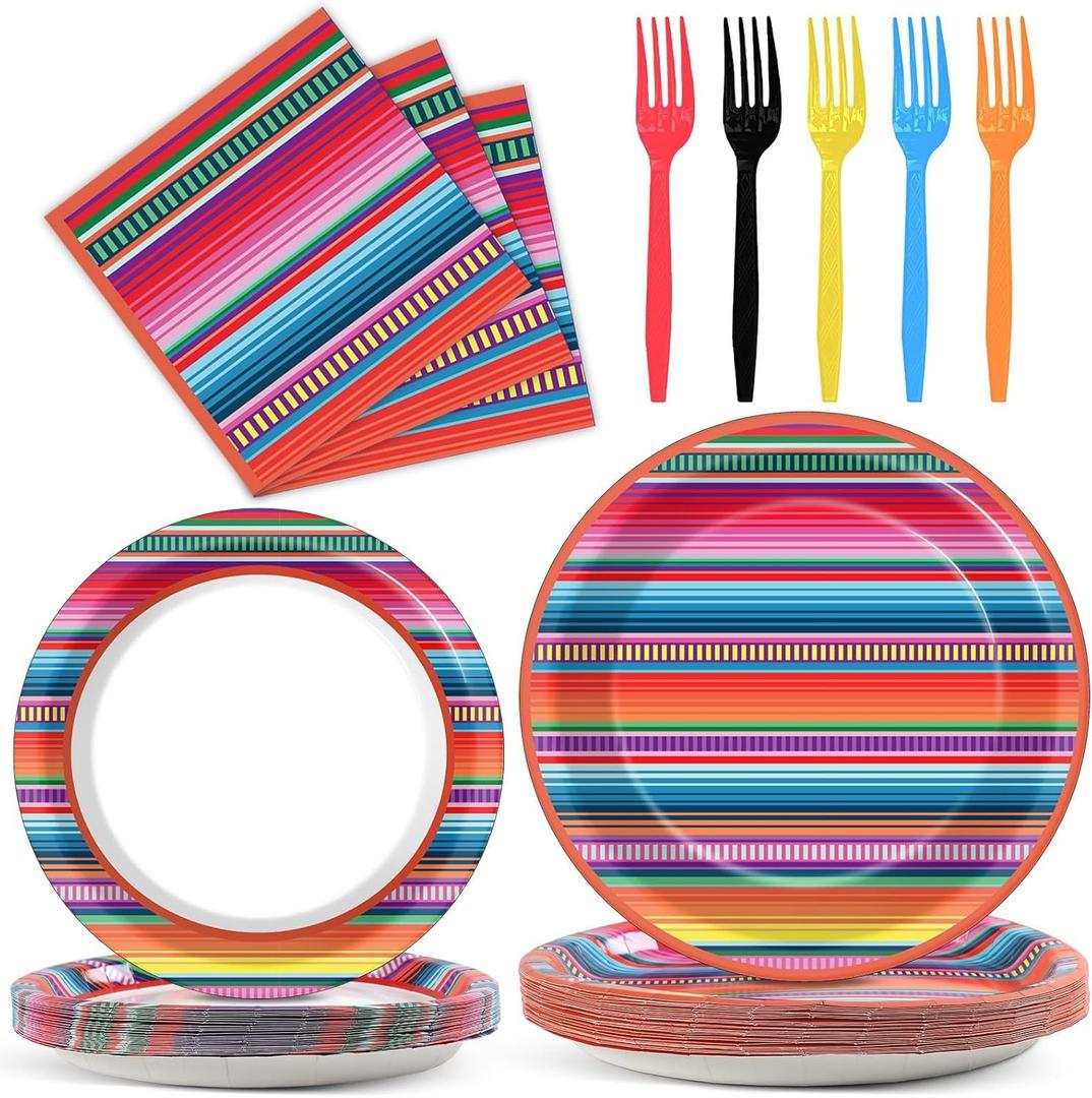 100PCS Mexican Serape Fiesta Plates and Napkins Party Supplies Mayo Day of The Dead Tableware Set Decor Favors for Mexico Taco Colorful Stripes Dia De Los Muertos Decor Serves 25