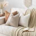 Laolitou 2 Pack Boucle Pillow Covers 18x18 Inch with Faux Leather Accents Pillow Cases Cosy Soft Decorative Pillows for Sofa Couch Bed Chair Bedroom Living Room Home Decor, Oatmeal