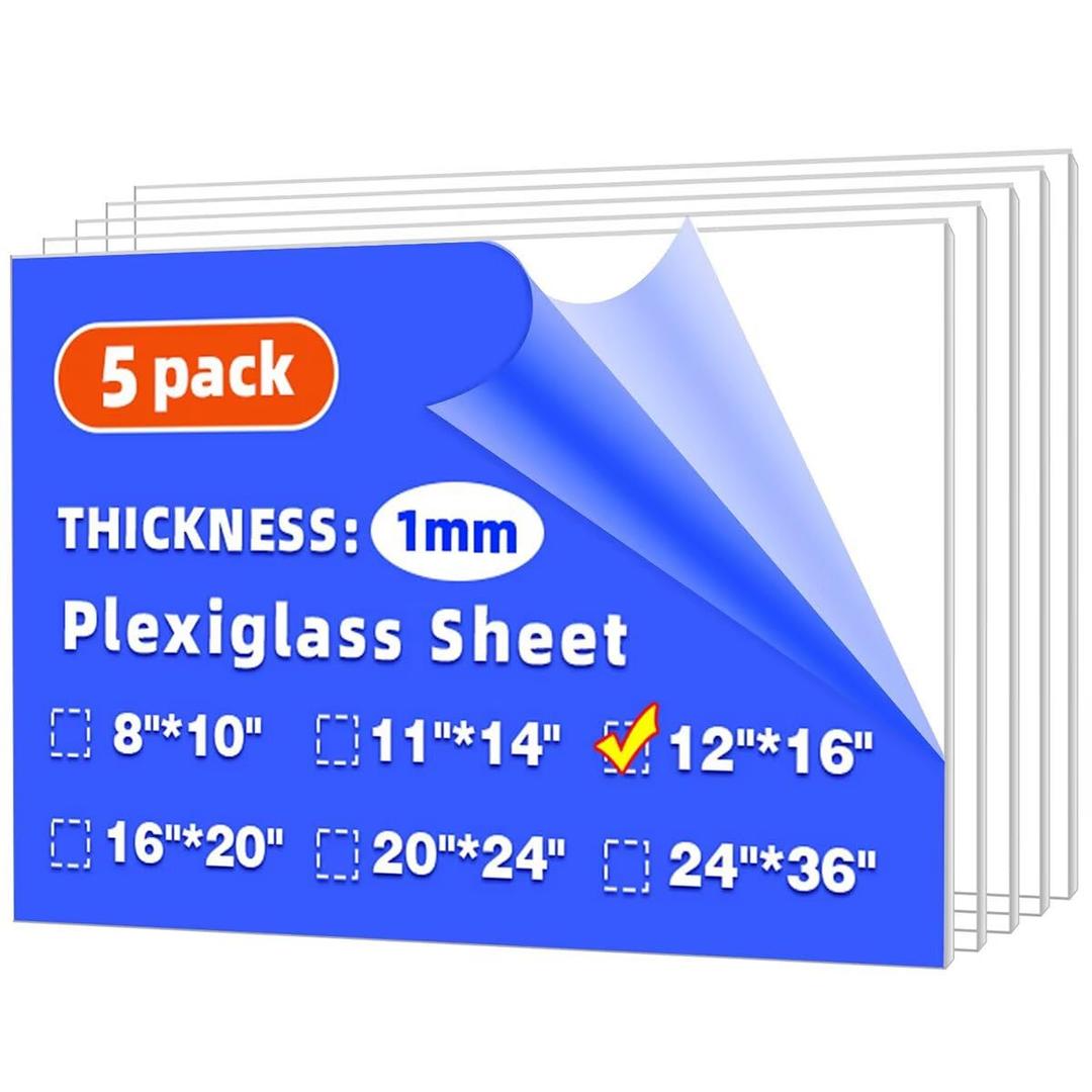 (5 Pack) 12" x 16" Clear Plexiglass Sheets 1mm thick