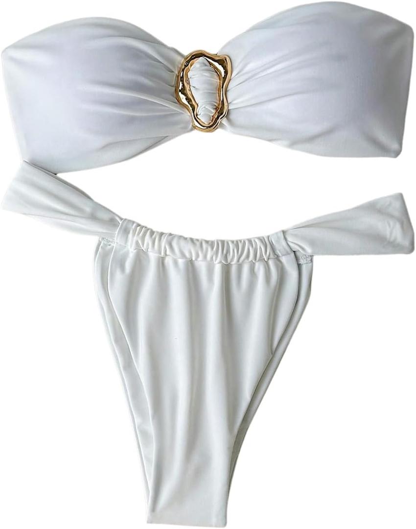 SHENHE Women's 2 Piece Strapless Swimsuit Metal Ring High Cut Thong Ruched Bandeau Bikini Set (Medium, White)