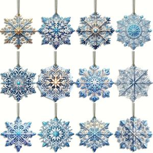 12Pcs Christmas Tree Decorations Christmas Snowflake Wooden Ornaments Christmas Decor Creative Blue Snowflake Christmas Ornaments for Tree Winter Home Decoration Holiday Party DIY Crafts