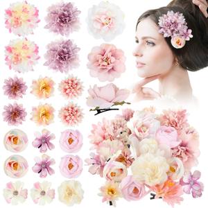 BBTO 21 Pcs Flower Hair Clip Rose Hair Clips Barrettes for Women Flower Accessories Boho Bride Claw Clip Hairpin Brooch Pin Headpiece for Wedding (Pink,Purple)