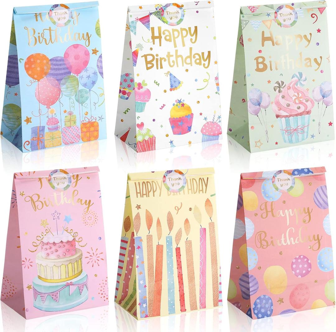 Censen 24 Pcs Birthday Goodie Bags for Boys Girls Party Favor Gift Paper Bags with Seal Stickers Colorful Candy Cases Bulk for Birthday Party Baby Shower Candy Supplies