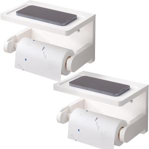 VERTORGAN 2 Pack Toilet Paper Holder with Phone Shelf,Bamboo Wall Mounted Tissue Roll Holder for Bathroom (White)