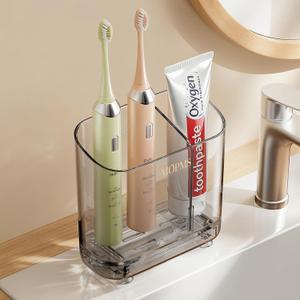 MOPMS Toothbrush Holders with Drainage for Bathrooms Countertop Organizer | 2 Slots Electric Toothbrush Holder Wall-Mount with Divider for Easy Clean, Tooth Brush and Toothpaste Holder for Bathroom, Grey