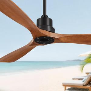52 Inch Ceiling Fans Without Lights, Outdoor Ceiling Fan No Light with Remote, 3 Downrods, 3 Wood Blades, Timer, 6 Speeds Modern Ceiling Fan Reversible DC Motor for Patios Porch Bedroom, 52in, Brown