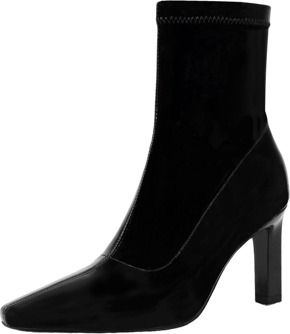 Mofirdast Women's Mid Calf Boots Comfy Square Closed Toe Stiletto High Heel Boot Zipper Short Ankle Booties (6.5, Black)