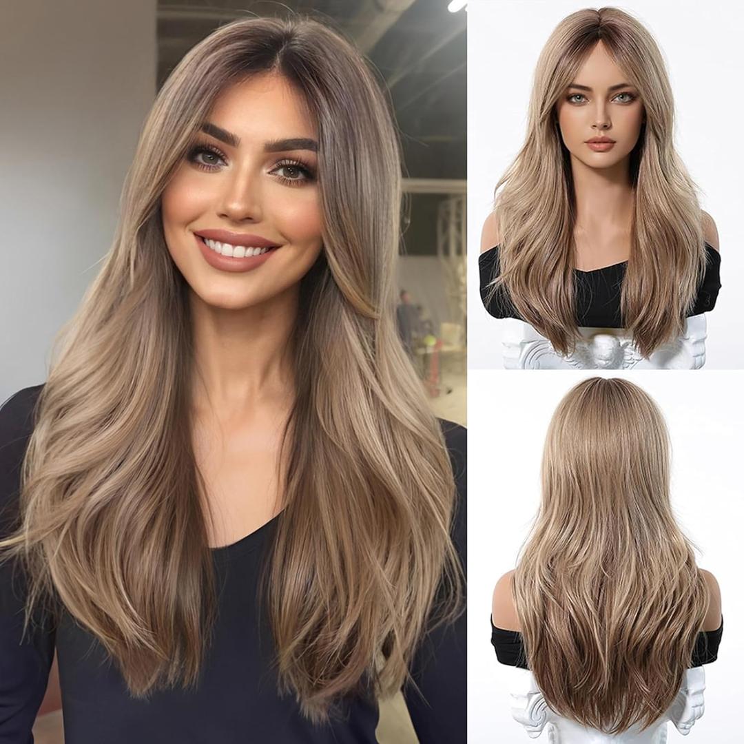 Esmee Long Straight Ash Blonde Wig for Women with Curtain Bangs Natural Synthetic Hair Wigs for Daily Party Use