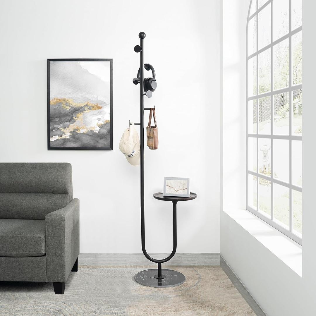 JIAYUEJU Coat Rack Freestanding with Table & 6 Hooks, Corner Coat Tree, Heavy-duty Marble Base Coat Rack Stand for Bedroom Living Room Office Entryway 13.78 x 13.78 x 68.11 Inches (Black)