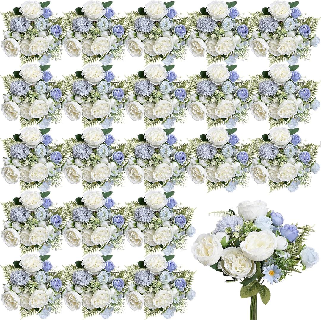 Bundles Artificial Peonies, 24 Bundles Silk Dusty Blue White Peonies with Stems Faux Peony Bundles for Summer Wedding Bouquet Home Bridal Baby Shower Party Centerpieces Vase Office