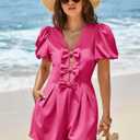 Cicy Bell Womens Cute Rompers Bow Front Puff Sleeve V Neck Short Jumpsuits Sexy Summer Outfits with Pockets (Pink, L)