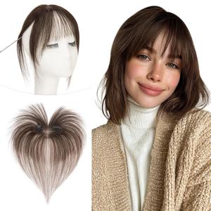 Clip in Bangs Real Human Hair for Women Wispy Bangs Hair Pieces Dark Brown Fringe Hand-Tied Lace Base Invisible Hairline