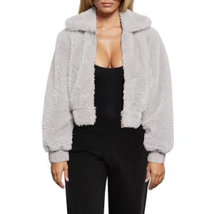 FANCYINN Womens Teddy Cropped Faux Fur Jacket Furry Lapel Coat Zip Up with Pockets Warm Winter (Large, Light Gray)
