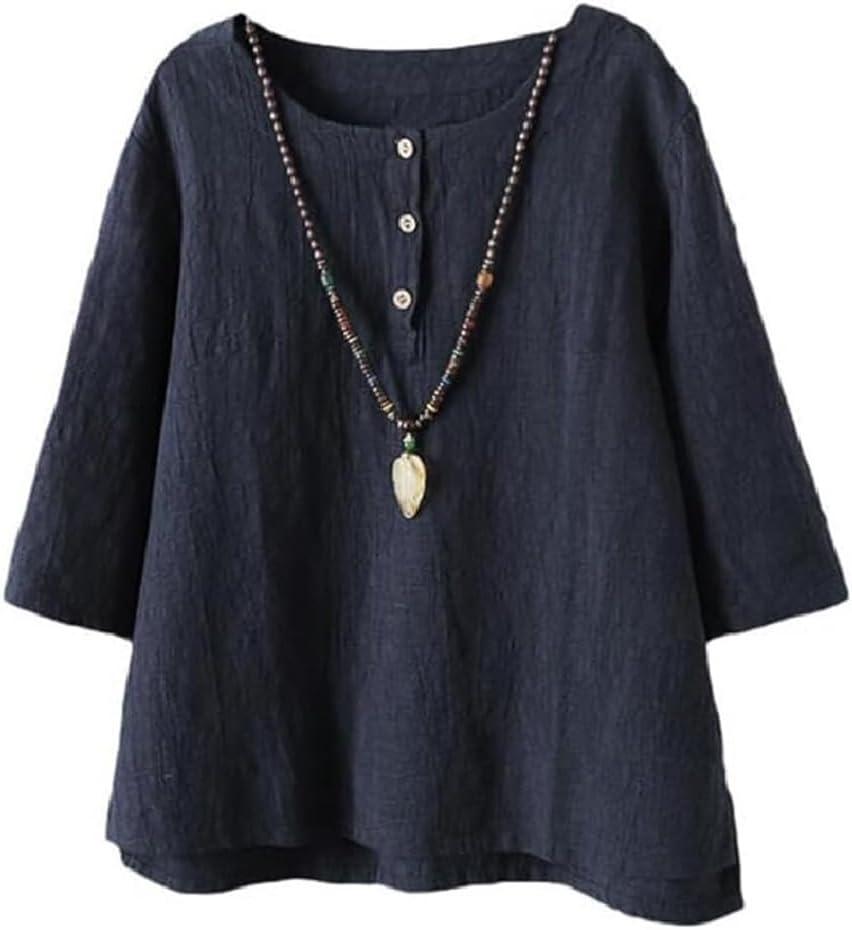 Minibee Women's 3/4 Sleeve Cotton Linen Jacquard Blouses Top T-Shirt, Size XXL