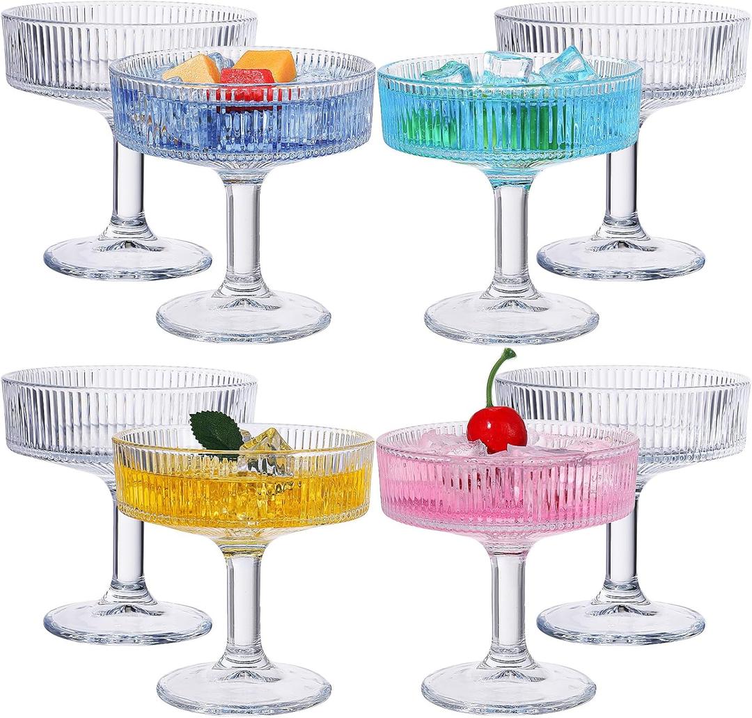 8 Pcs Ribbed Vintage Coupe Glasses 7 oz Martini Glasses Champagne Coupe Classic Cocktail Glassware Reusable Ribbed Glassware for Cocktail Martini European Style (Clear)