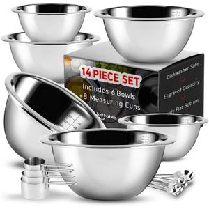 JOYTABLE 14 Piece Mixing Bowls With Measuring Cups And Spoons Set - Premium Stainless Steel Mixing Bowls Set - Nesting & Stable Metal Mixing Bowls Great For Kitchen, Baking, Cooking, Or Prep