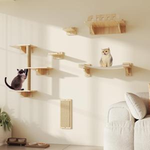 MeowHomm Cat Wall Shelves, Set of 6 Wooden Cat Wall Furniture Includes Scratching Post with 3 Steps, Jumping Platform, Hammock and Scratcher Board for Kittens