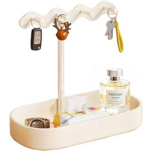 Pearl-White Metal Key Bowl Holder for Entryway & Desks, contains 4 Hooks,Tray,Wave-shaped Design Key Holder,Multipurpose Organizer for Keys,Mail, Jewelry, Trinkets,Purse.Non-Slip Table Dcor
