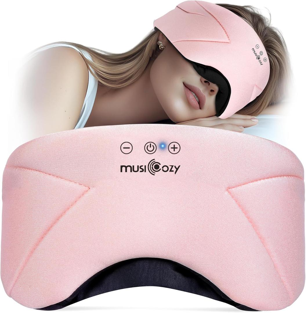 MUSICOZY Bluetooth Sleep Mask Headphones 5.4, Wireless Over-Ear Headphones Washable Zipper Sleep Headphones Mask with HD Stereo Speakers for Side Sleepers Travel & Relaxation, Gifts for Men Women (Pink)