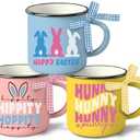 Paayna Happy Easter Mini Coffee Mug Set of 3, Hippity Hoppity Hunny Bunny Rabbit 5 oz Mini Coffee Cups Tiered Tray Decor, Spring Blue Pink Yellow Kitchen Coffee Bar Decorations Housewarming Gift