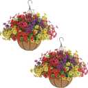 Senjie 2 Set Artificial Hanging Flowers with Basket for Outdoor Decor, UV Resistant 24 Bundles Faux Flowers Fake Hanging Planter for Porch Patio Balcony