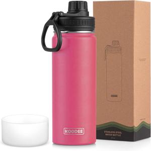 koodee 22 oz Water Bottle Stainless Steel Double Wall Vacuum Insulated Sports Water Bottle with 3 Lids, Reusable Metal Water Flask with Straw for women and Girls, BPA Free(Pink Red)