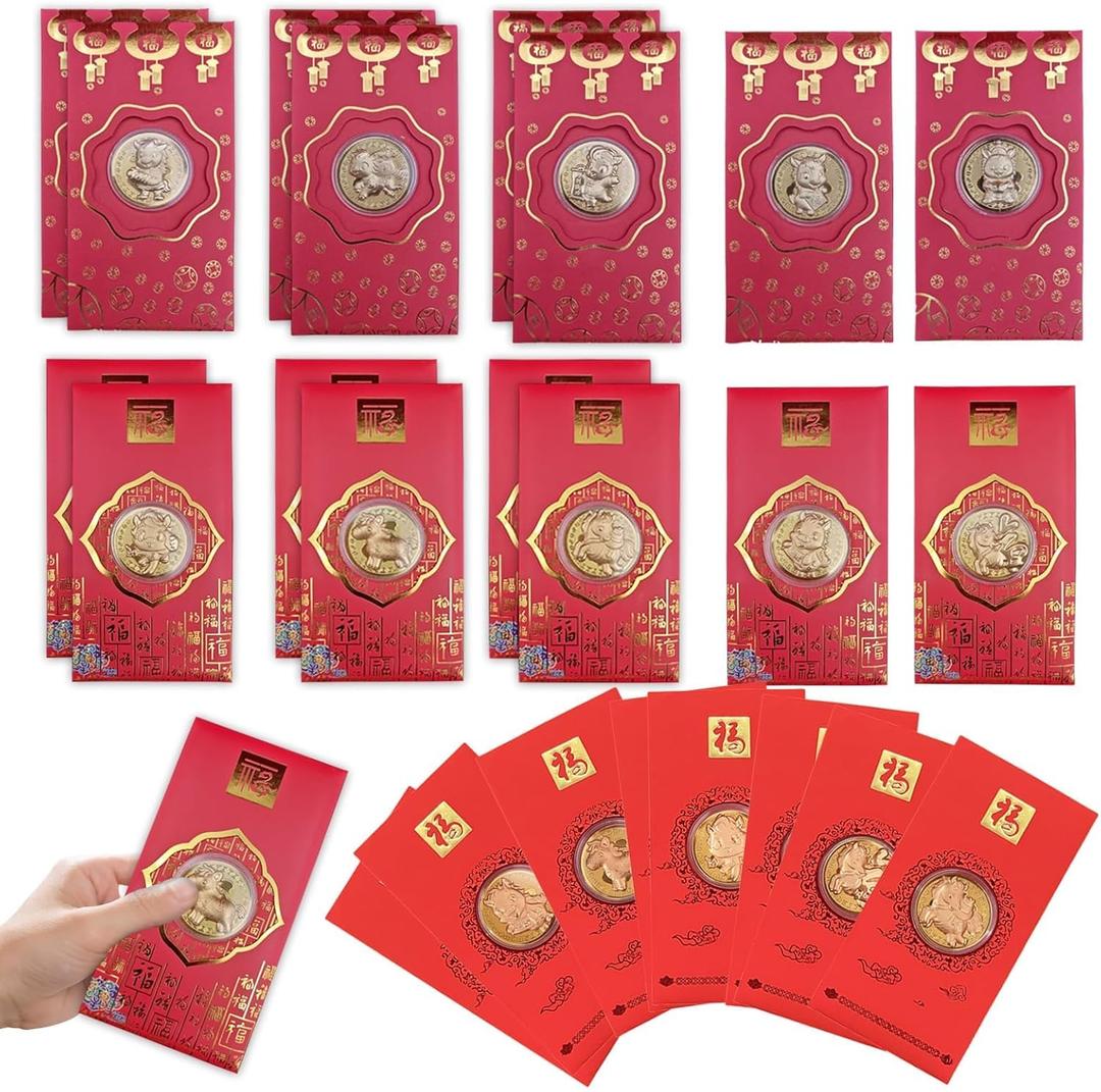 24 Pcs Chinese New Year Envelopes 2026 Year of the Horse Red Envelopes Zodiac Souvenir Coins Red Packet Lucky Money Chinese Lucky Coin for Blessing Health Wealth Lunar Spring Festival Party Gift