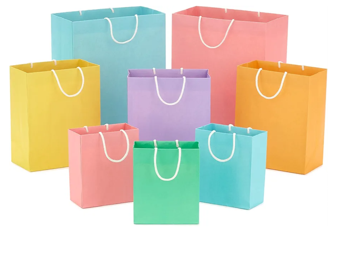 Hallmark Recyclable Gift Bag Assortment (8 Bags: 3 Small 6", 3 Medium 9", 2 Large 13") Pastel Blue, Pink, Yellow, Purple, Orange, Green for Birthdays, Easter, Baby Gifts, Bridal Showers