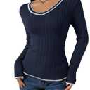 Milumia Women's Cable Knit V Neck Long Sleeve Sweater Casual Fitted Going Out Pullover Tee Tops Streetwear Dark Blue Large (Black, L)