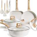 Kikcoin 16Pcs Ceramic Pots and Pans Set Non Stick, Includes a 9.5" Grill Pan, Induction Kitchen Cookware Sets, White Nonstick RV Kitchen Camping Cooking Sets Stackable (PTFE, PFOS, PFOA Free), 16 Piece