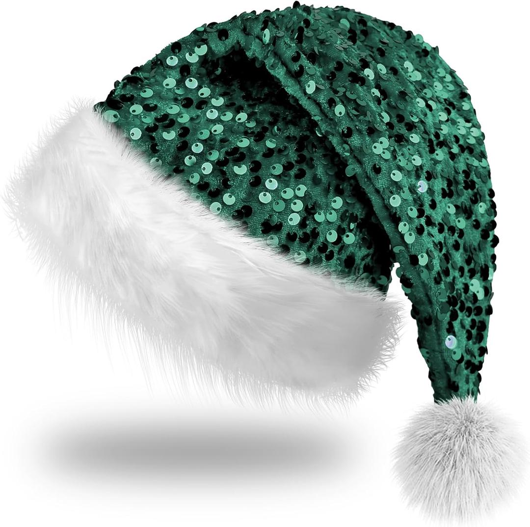 Dolkoic Santa Hat Sequin Christmas Hat for Adult Hat Xmas New Year Party (Green)