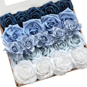 Ling's Moment Artificial Flowers Fake Silk Roses Faux Foam Gardenia Combo for DIY Wedding Bouquets Centerpieces Arrangements Bridal Shower Party Home Decorations, Dusty Blue & Ivory, 23pcs
