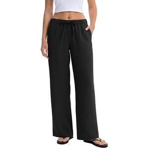 Abonlen Wide Leg Pants for Women Casual Flowy Crepe Trousers Wrinkle Free Relaxed Fit Lounge Work Business with Pockets(27.5 Inseam,Black,Small)