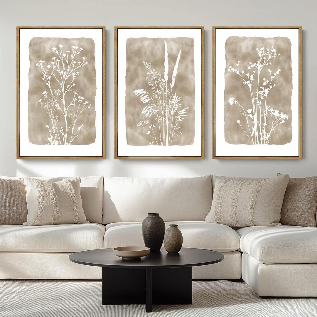 ANHUIB Extra Large Beige Floral Wall Art 24x36 Inch Neutral Floral Wall Decor Vintage Flower Artwork for Living Room Bedroom Office Set of 3