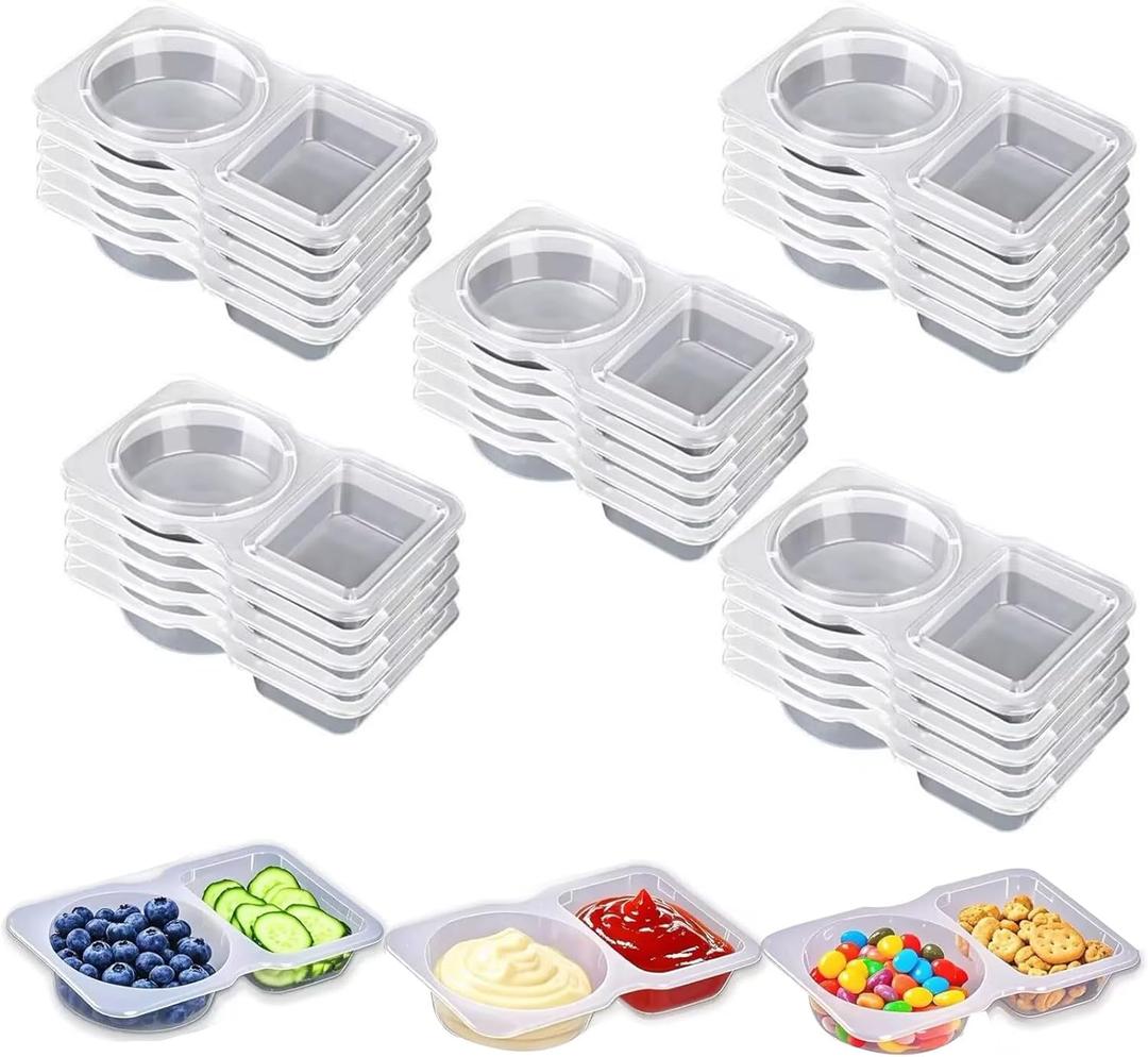 2 x 25-Pack Reusable Snack Containers with Lids, 2-Section Snack Box for Portion Control, Plastic Food Storage, Adult Meal Prep & Outdoor Dipping Containers