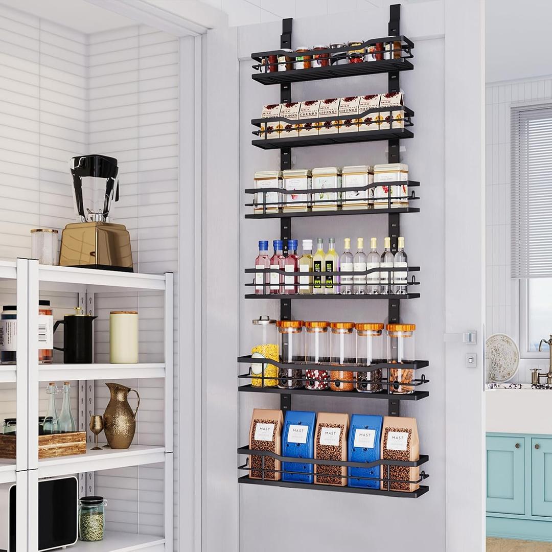 Over The Door Pantry Organizer6-Tier Over The Door Organizer with Adjustable BasketMetal Hanging Pantry Organizers and Storage for Kitchen, Back of Door Seasoning Rack (Black)