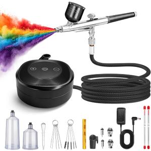 Airbrush Kit with Air Compressor，25-48 PSI High Pressure Air Brush Kit Non-Clogging with 0.2/0.3/0.5mm Nozzle & Cleaning Set for Painting, Modeling, Cake, Beauty Makeup, Nails, Crafts (Black)
