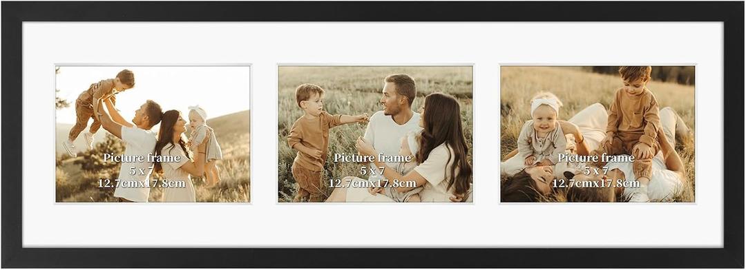 Giftgarden 5x7 Collage Picture Frame 3 Openings Horizontal, Textured Metal 8x24 Frame Matted to Three 5x7 Photos with Mat, Wall Display, Black