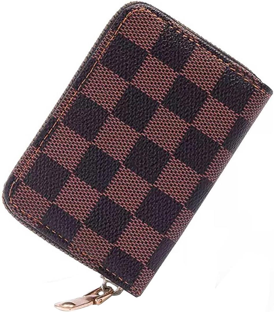 Ladies change card bag, zip storage bank card bag, small portable 11 large capacity storage bag, put banknote change credit card bag (Brown checkered pattern)
