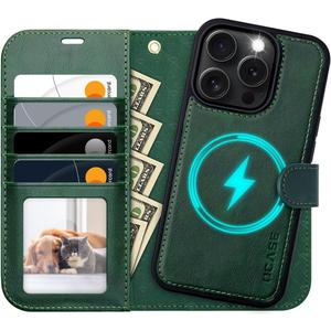 OCASE for iPhone 16 Pro Max Case Detachable Wallet Case with Card Holder, 2 in 1 Pu Leather Flip Folio with RFID Blocking Stand Wrist Strap Shockproof Phone Cover 6.9 Inch 2024, Blackish Green