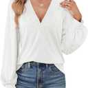 Agnes Urban Womens V Neck Long Sleeve Tops Dressy Casual Fall Shirts Puff Sleeve Loose Tunic Trendy Tops Blouses (White, L)