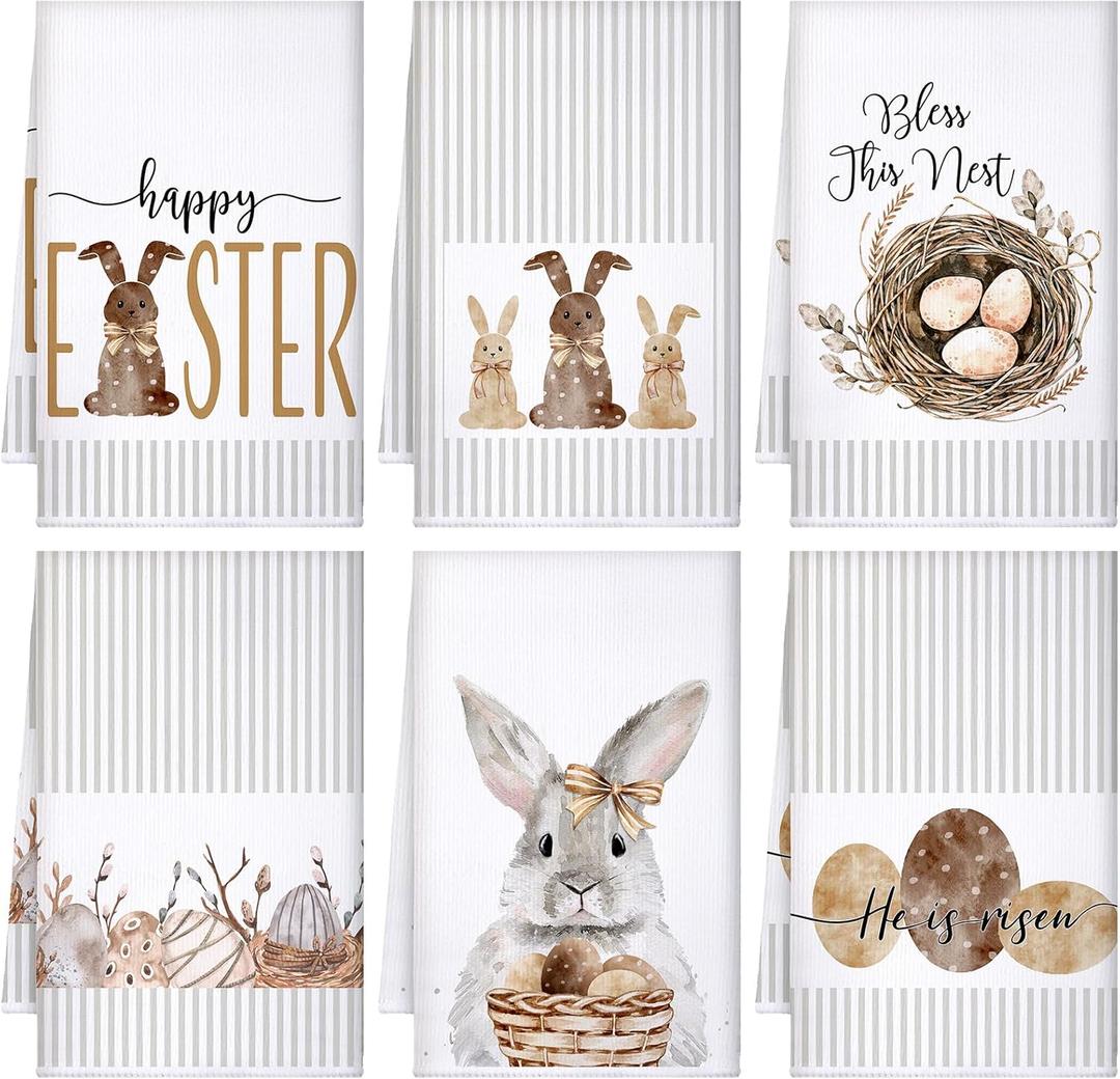 Tegeme 6 Pcs Easter Towels Bunny Tea Towel Stripe Buffalo Plaid Dish Towels Kitchen Hand Decor Polyester Towel Dish Cloths Absorbent for Bathroom Kitchen Supplies, 16 x 24 Inch(Brown White,Stripe)