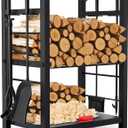 AMAGABELI GARDEN & HOME Firewood Rack Indoor with Tools 5-Piece Fireplace Tools Set Wood Holder Outdoor Wrought Iron Log Holder Heavy Duty Firewood Storage Rack for Fireplace,Fire Pit,Wood Stove Black