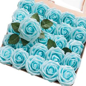 Floroom Artificial Flowers 25pcs Real Looking Aqua Blue Foam Fake Roses with Stems for DIY Wedding Bouquets Baby Shower Centerpieces Floral Arrangements Party Tables Home Decorations